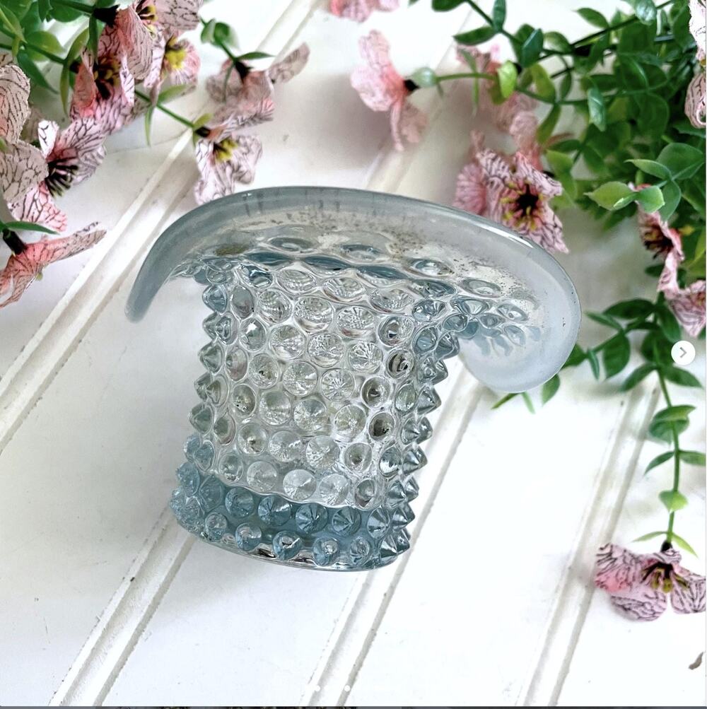 Vintage Fenton Glass Top Hat Pale Blue Opalescent Hobnail Toothpick Holder Stain